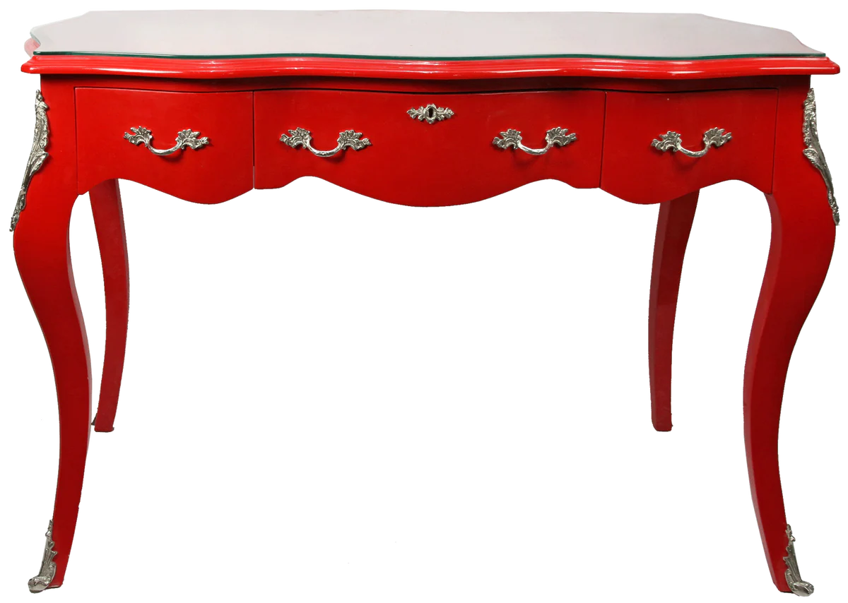 Casa Padrino Escritorio barroco Secretaria / Consola Rojo con tapa de cristal 120 x 60 x Al 80 cm - Muebles barrocos