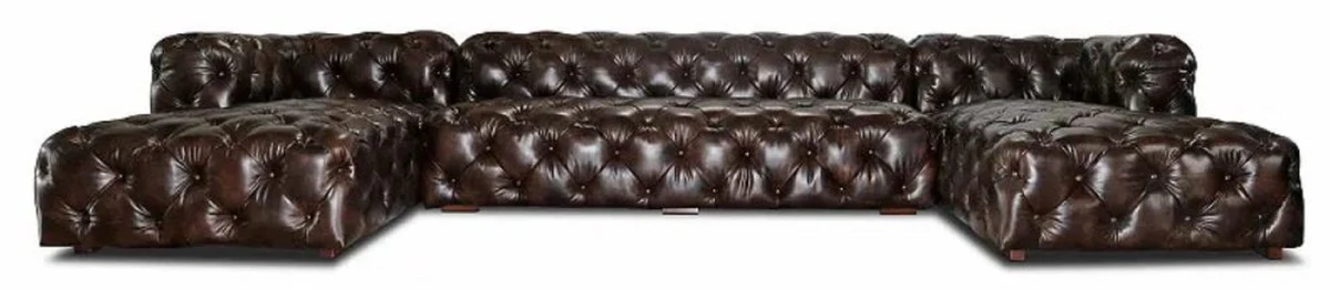 Casa Padrino Sof¨¢ Chesterfield de Lujo en Forma de U de Cuero Marr¨®n Oscuro Vintage 415 x 200 x A. 74 cm - Sof¨¢ de Sal¨®n de 3 Piezas de Cuero Genuino - Muebles de Sal¨®n Chesterfield de Lujo