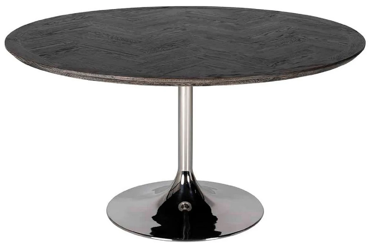 Casa Padrino mesa de comedor de lujo negro / plata ? 140 x A. 75 cm - Mesa de comedor redonda con tablero de chapa de roble y patas de acero inoxidable - Muebles de comedor de lujo