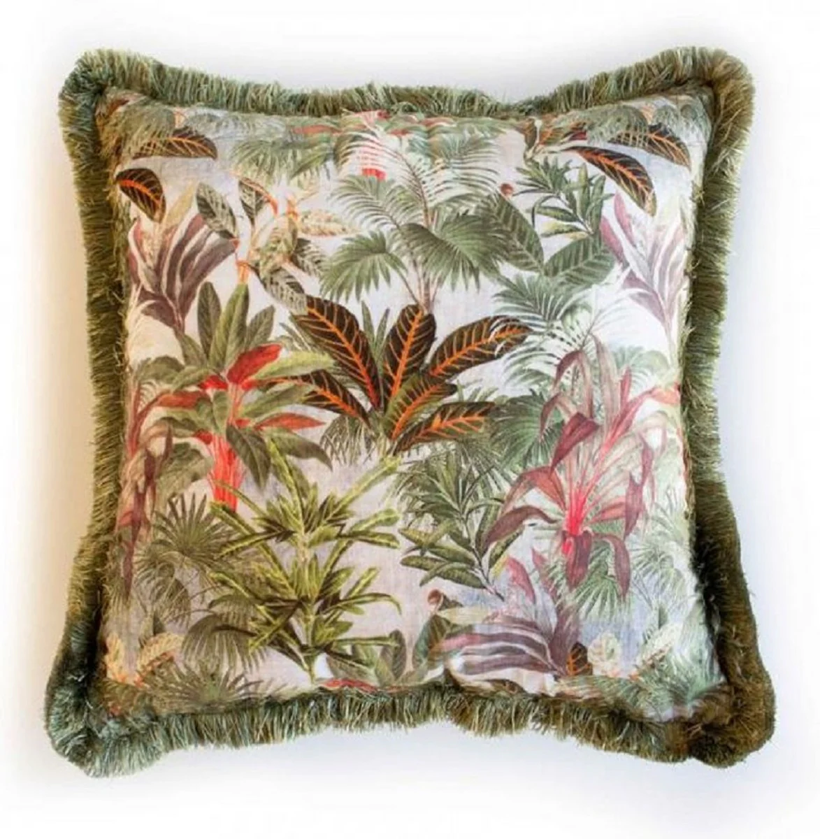 Casa Padrino almohada decorativa de lujo diseño selva multicolor / verde 45 x 45 cm - Almohada de terciopelo estampada con flecos - Accesorios Decorativos
