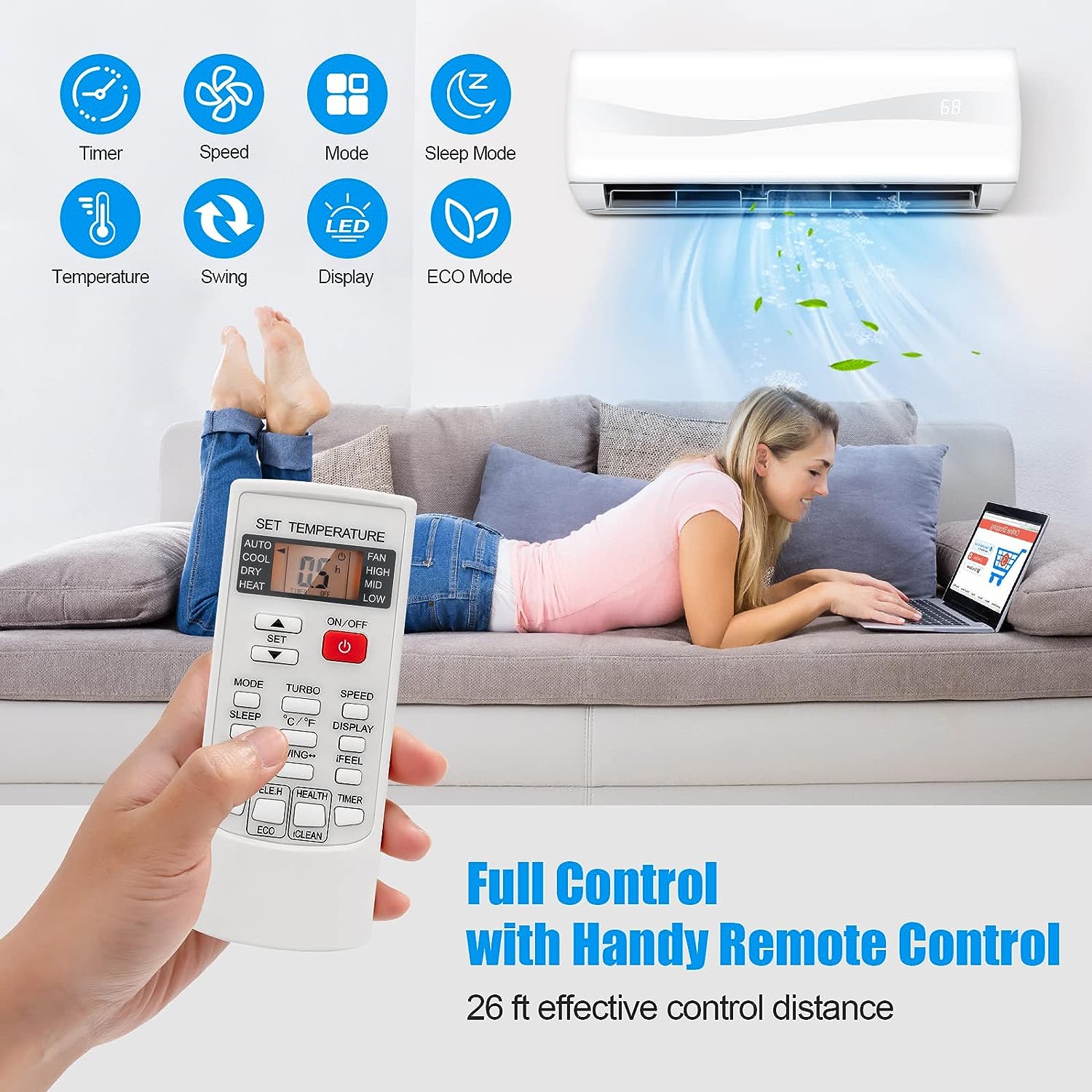 PETSITE 18000 BTU Air Conditioner, 19 SEER2 208-230V Wall Mounted Ductless AC Unit Energy Saving with Installation Kit Cools Rooms up to 1250 Sq. Ft, White