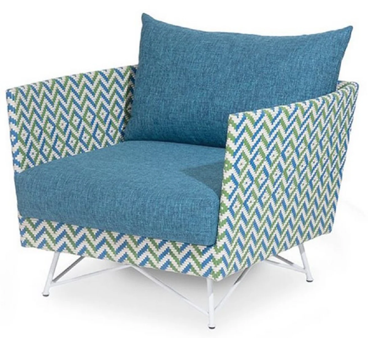 Casa Padrino sillón de jardín de lujo azul / verde / blanco 100 x 86 x A. 70 cm - Sillón resistente a la intemperie tejido a mano - Muebles sillón de piscina de hotel de terraza de jardín