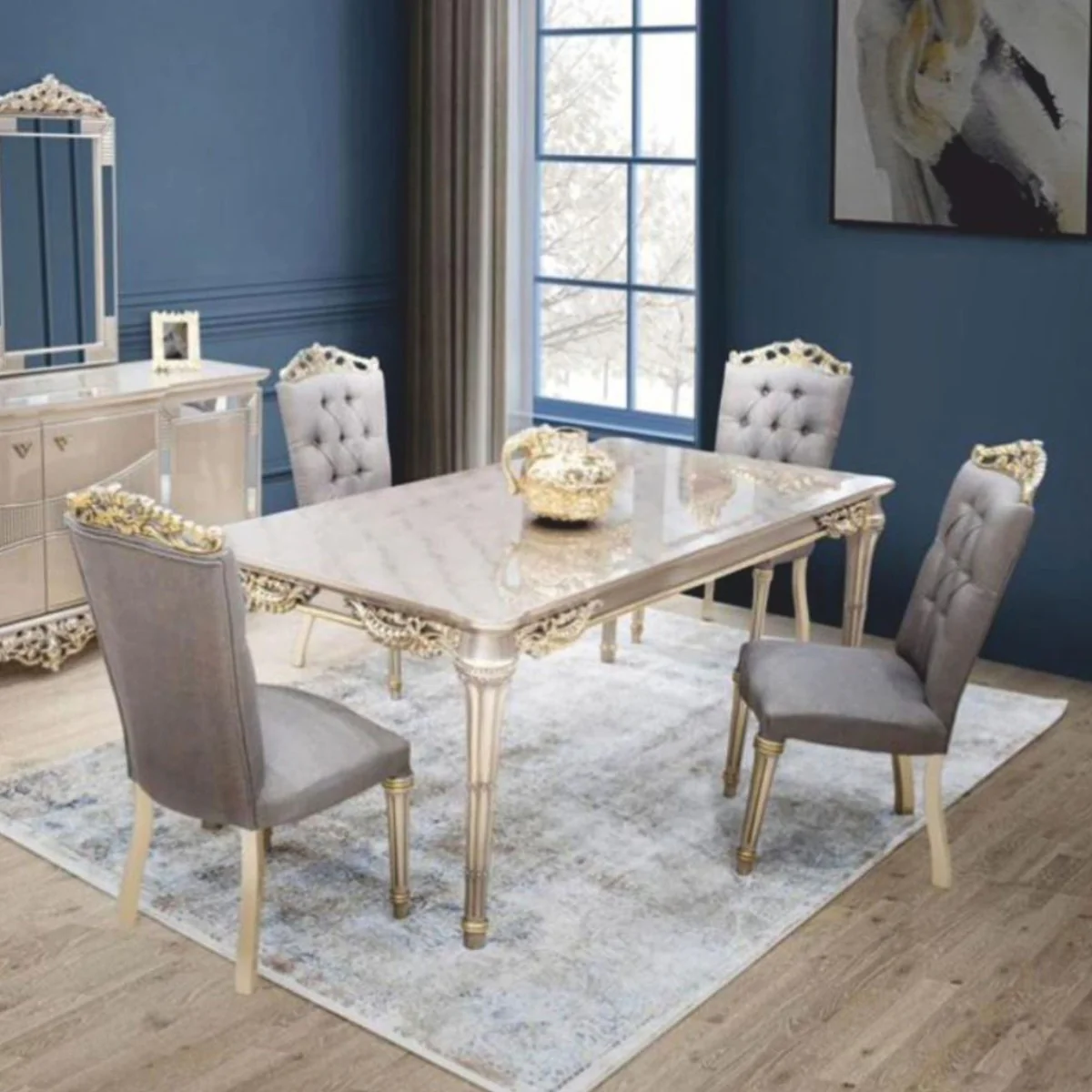 Casa Padrino Conjunto de Comedor Barroco de Lujo - Magn¨ªfica Mesa de Comedor Barroco con 6 Sillas
