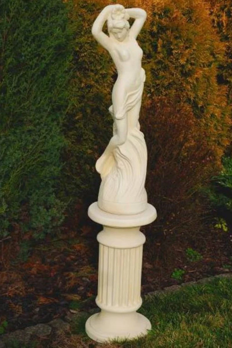 Casa Padrino escultura de jardín Art Nouveau mujer sobre pilar arena A. 161 cm - Elegante decoración de jardín figura de piedra con pilar - Decoración de Jardín Barrocos y Art Nouveau