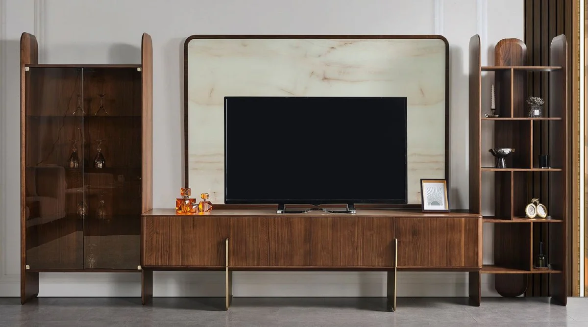 Casa Padrino conjunto de gabinete de TV para sala de estar de lujo marr¨®n / crema / lat¨®n - 1 Gabinete de TV y 1 Panel Trasero de TV y 1 Vitrina y 1 Armario Estanter¨ªa - Muebles de sal¨®n de lujo