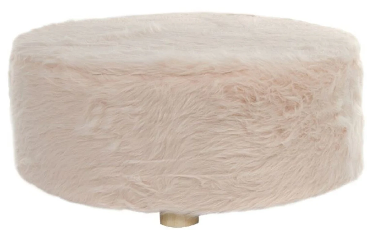 Casa Padrino taburete de piel de diseño rosa Ø 50 x H. 21 cm - Taburete Redondo con Pelo Sintético