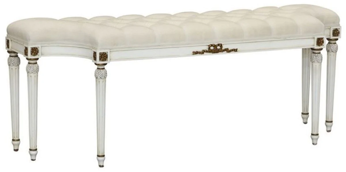 Casa Padrino banco barroco de lujo crema / blanco / oro antiguo - Banco de madera maciza tapizado con decoraciones talladas a mano - Muebles Barrocos