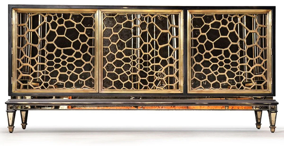 Casa Padrino aparador Art Deco de lujo negro / oro / latón 204 x 52,5 x A. 96 cm - Armario de madera maciza con espejo con 3 puertas - Muebles art deco - Muebles de lujo