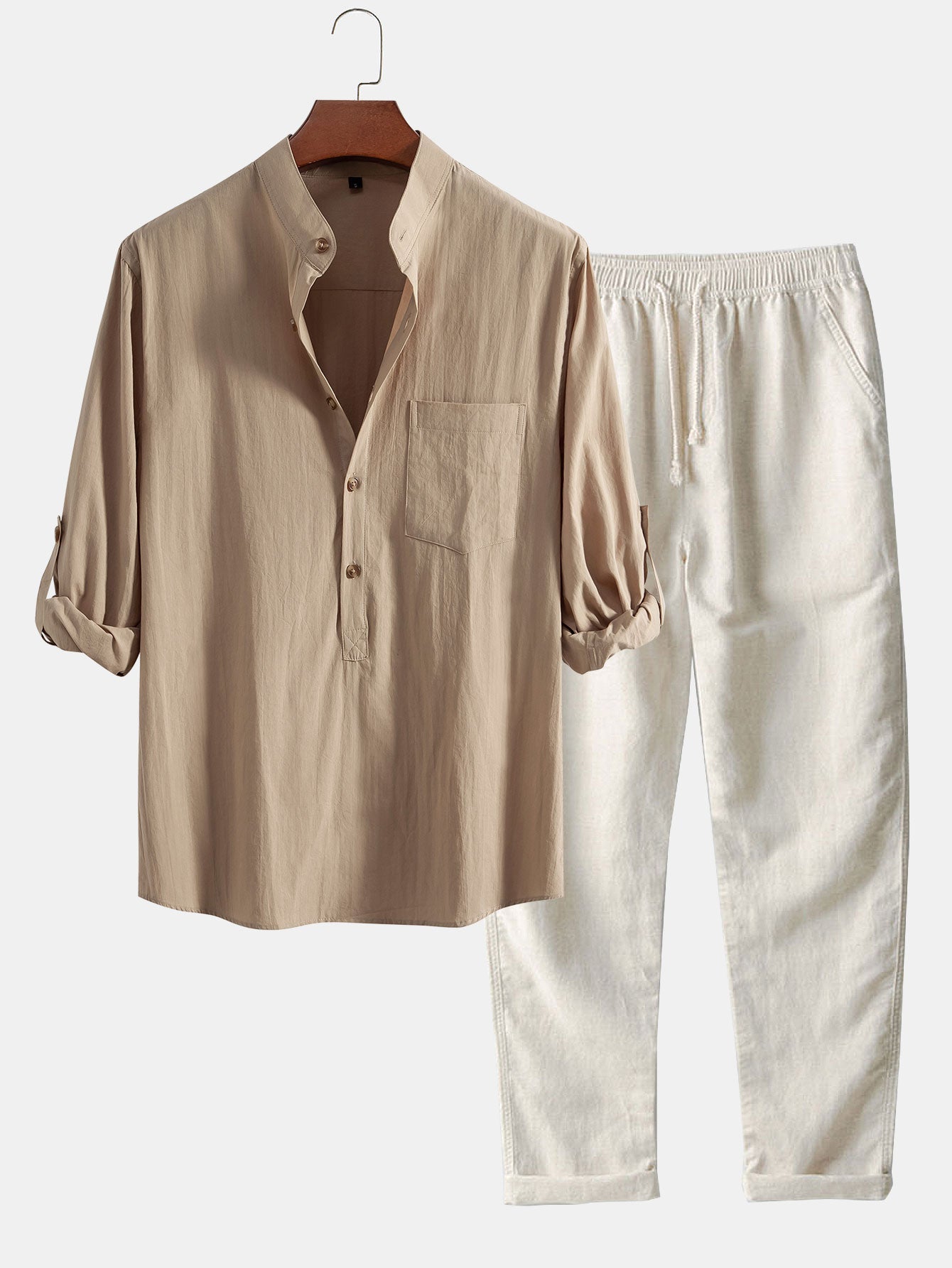Long Sleeve Linen Look Henley Collar Shirt & Straight Leg Linen Pants