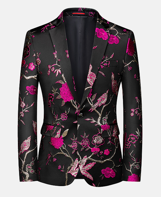 Fashion Floral Jacquard Notch Lapel One Button Slim Fit Blazer