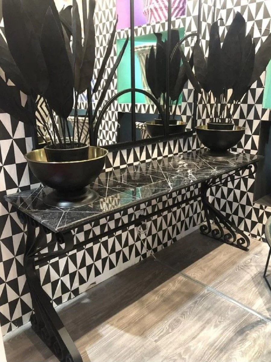 Casa Padrino consola Art Nouveau de lujo negro 200 x 60 x A. 84 cm - Consola noble con tablero de mármol y estructura de hierro forjado hecho a manol - Muebles de Jardín de Patio de Sala de Estar