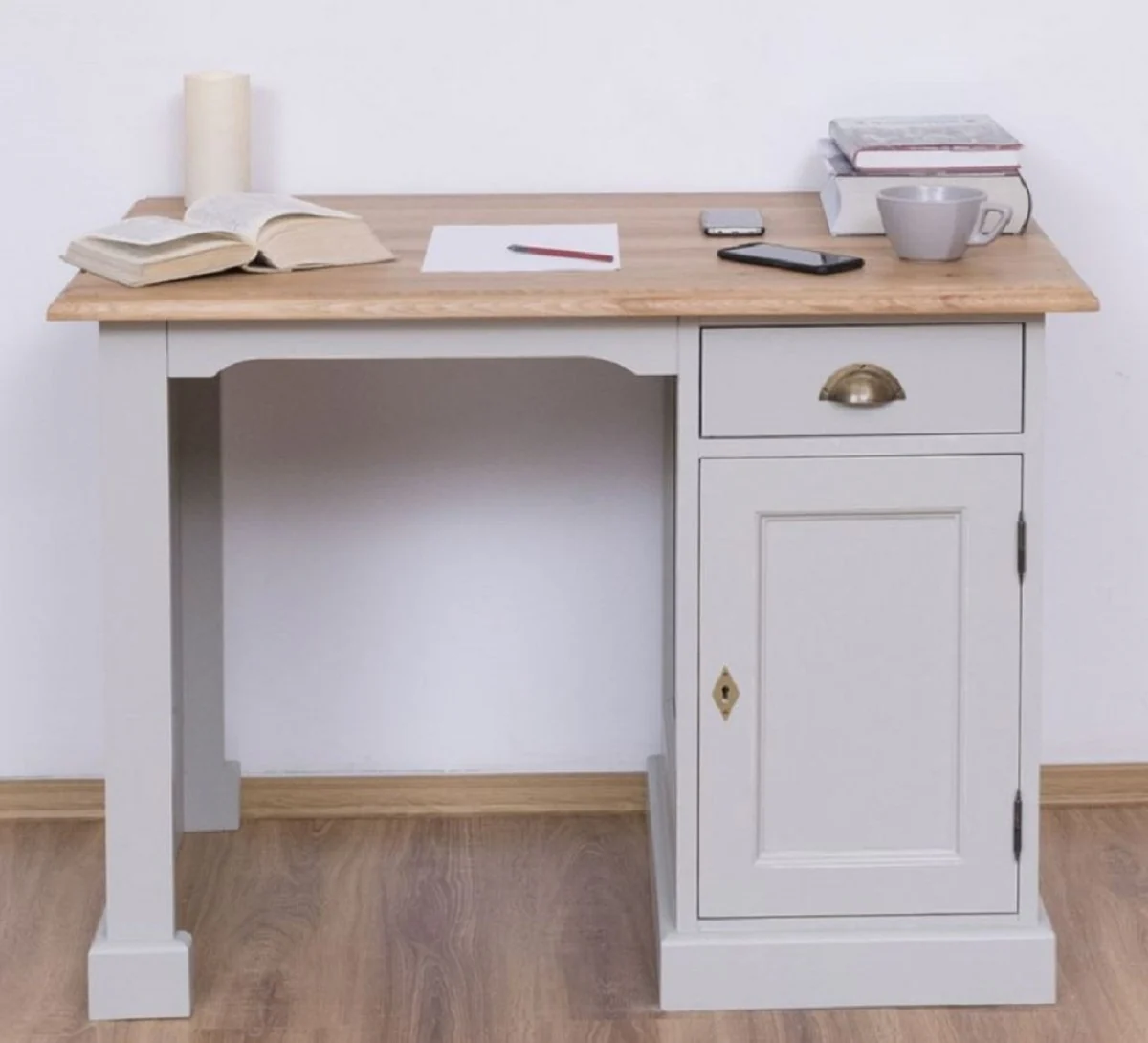 Casa Padrino escritorio de estilo campestre gris / natural 110 x 70 x A. 78 cm - Secretaria de madera maciza en estilo campestre - Muebles de oficina - Muebles de estilo campestre