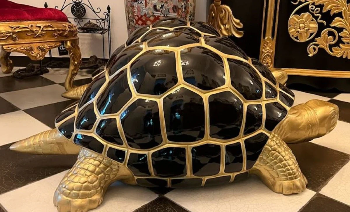 Casa Padrino figura decorativa XXL de lujo tortuga oro / negro 110 x 48 x A. 45 cm - Escultura decorativa XXL resistente a la intemperie - Decoraci¨®n de sal¨®n - Decoraci¨®n de jard¨ªn