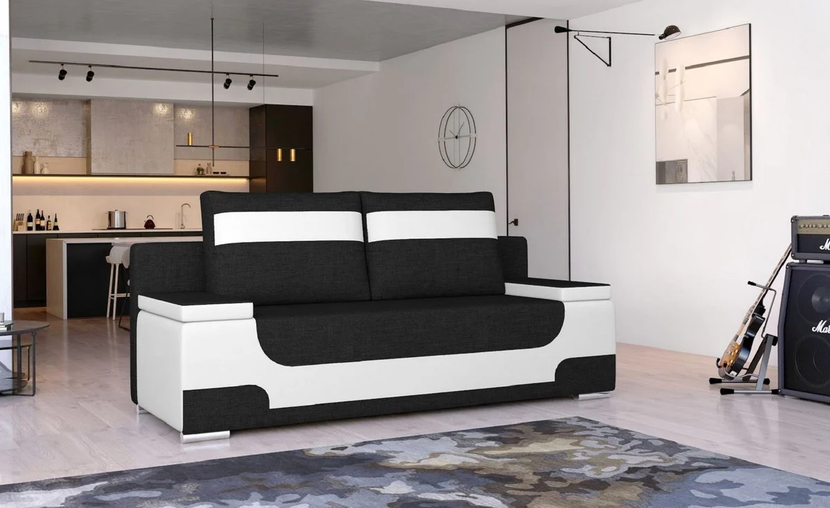 Casa Padrino sof¨¢ cama de lujo negro / blanco / plata 200 x 92 x A. 90 cm - Sof¨¢ de sal¨®n con funci¨®n de dormir - Muebles de sal¨®n - Muebles de lujo - Interior de lujo