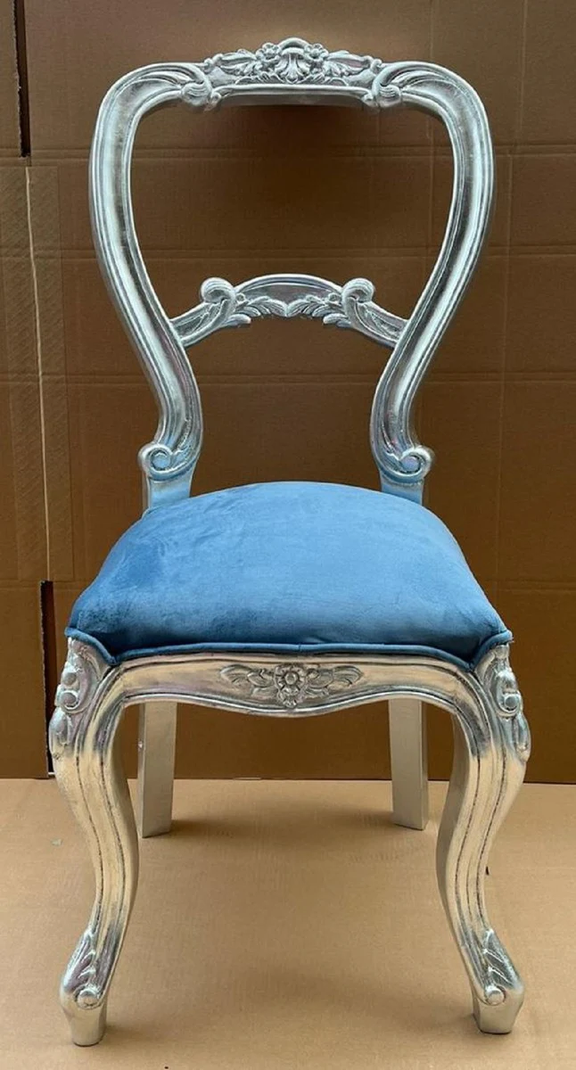 Casa Padrino silla para damas barroco azul / plata - Silla de tocador de estilo barroco hecho a mano - Muebles de dormitorio de lujo en estilo barroco - Muebles barrocos - Noble y magnífico