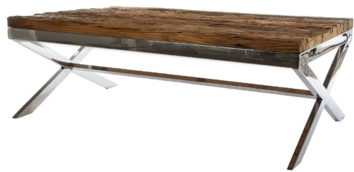 Casa Padrino mesa de centro de lujo marr¨®n / plata 130 x 80 x H. 45 cm - Mesa de Sal¨®n con Superficie R¨²stica y Tapa de Vidrio Adicional