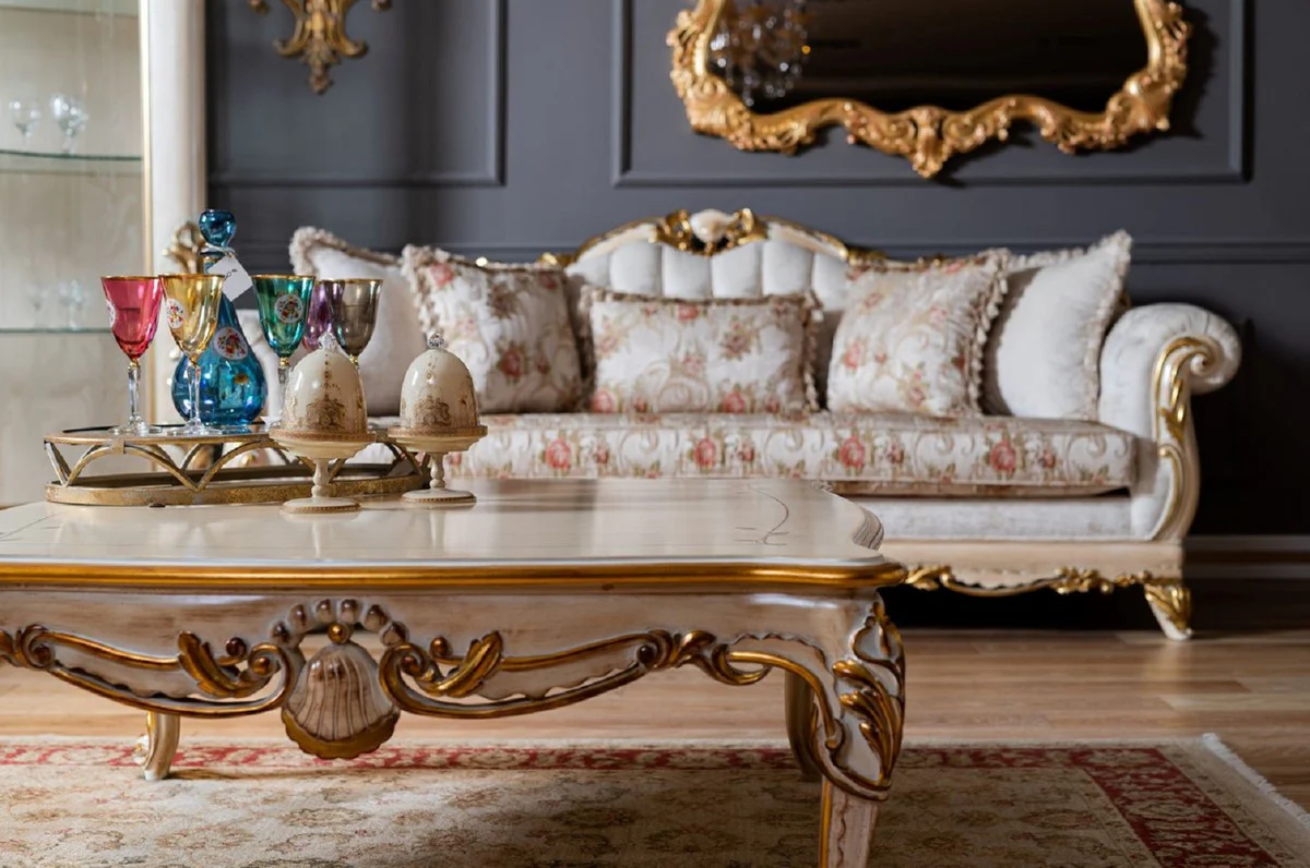 Pomp??s de Casa Padrino mesa de centro barroco de lujo Provence beige / blanco / oro - Mesa de sal¨®n de estilo barroco Pomp??s dise?ada por Harald Gl??ckler