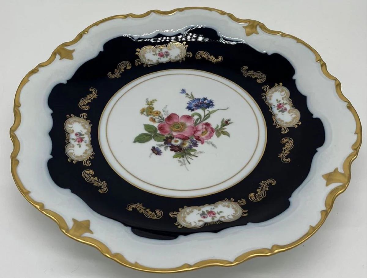 Casa Padrino plato de porcelana barroco de lujo blanco / azul oscuro / multicolor / oro ? 33 cm - Plato llano de porcelana - Accesorios de Porcelana - Porcelana Reichenbach - Hecho en Alemania
