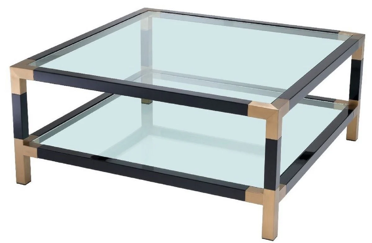 Casa Padrino mesa de centro de lujo negro / lat¨®n 100 x 100 x H. 45 cm - Mesa de Sal¨®n con Sobre de Vidrio - Muebles de Lujo