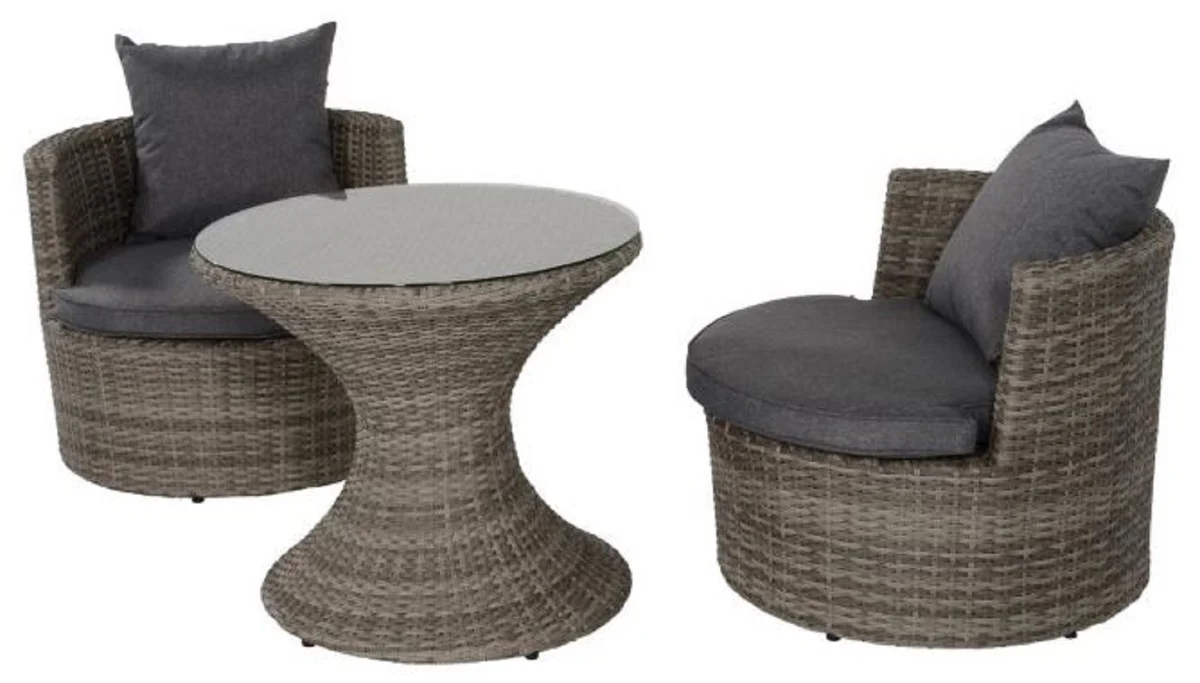 Casa Padrino conjunto de muebles de jardín de lujo gris oscuro / gris - 1 Mesa de Jardín Redonda con Tapa de Vidrio y 2 Sillones de Jardín Redondos con Cojines - Muebles de Jardín y Terraza