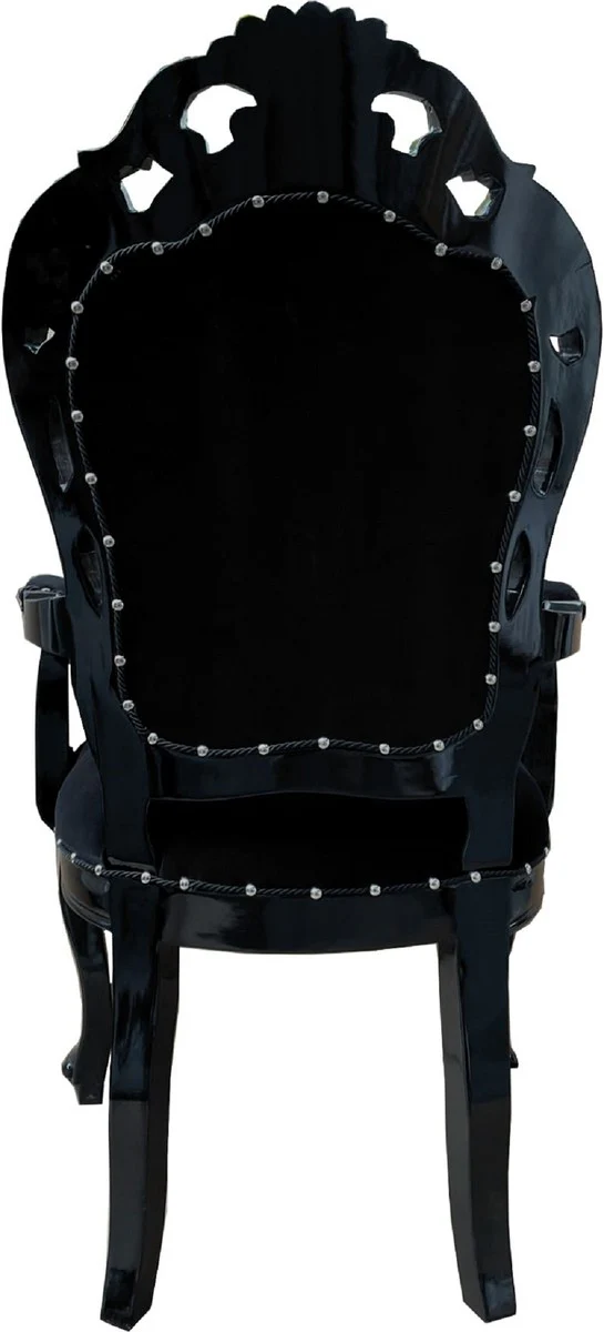 Casa Padrino silla de comedor barroco negro - Silla de estilo antiguo hecha a mano con reposabrazos y terciopelo fino - Muebles de comedor de estilo barroco