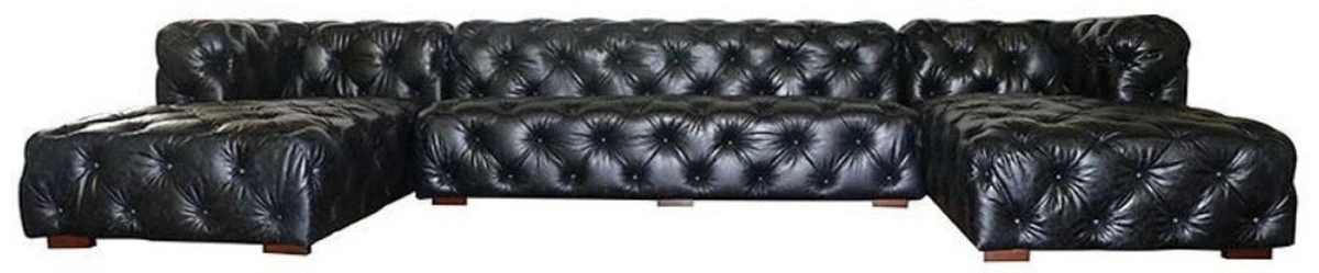 Casa Padrino Sof¨¢ Chesterfield de Lujo en Forma de U de Cuero Negro Vintage / Marr¨®n 415 x 200 x A. 74 cm - Sof¨¢ de Sal¨®n de 3 Piezas de Cuero Genuino - Muebles de Sal¨®n Chesterfield de Lujo