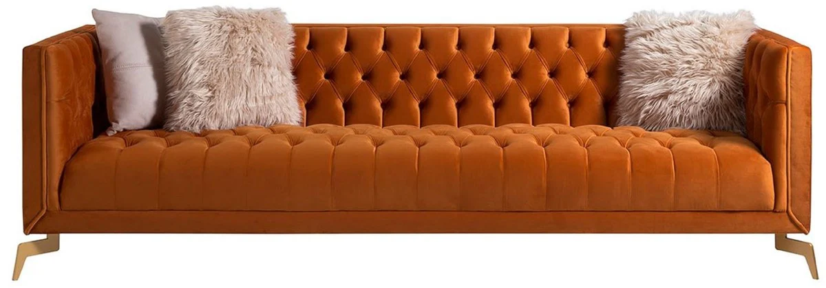 Casa Padrino sof¨¢ de 3 plazas Chesterfield de lujo naranja / lat¨®n 240 x 85 x A. 75 cm - Sof¨¢ de Sal¨®n Chesterfield - Muebles de Sal¨®n Chesterfield - Collection de Lujo