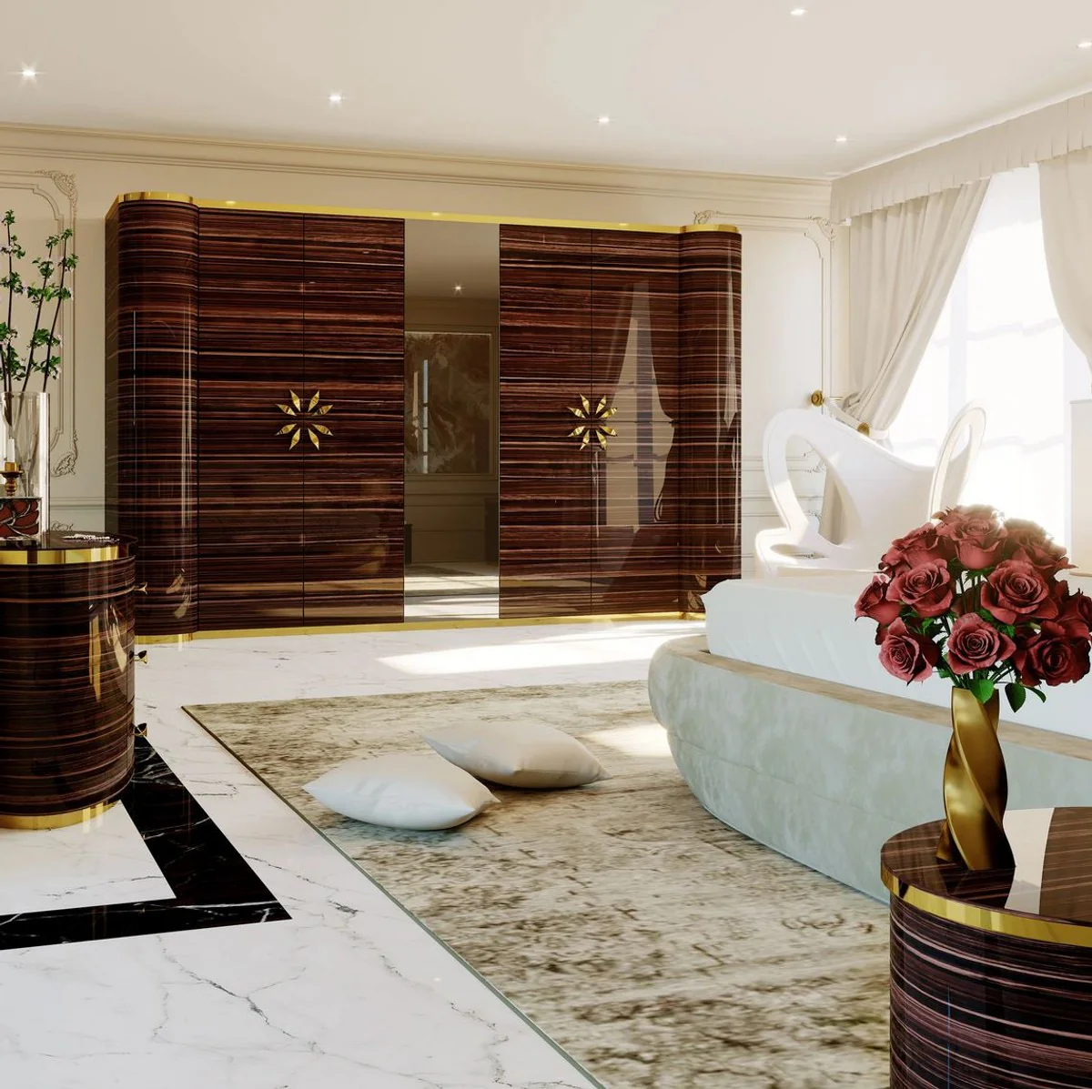 Casa Padrino armario de dormitorio de dise?o de lujo marr¨®n alto brillo / oro 285 x 62 x A. 250 cm - Noble armario de madera maciza con 4 puertas - Muebles de Hotel - Calidad de Lujo - Hecho en Italia