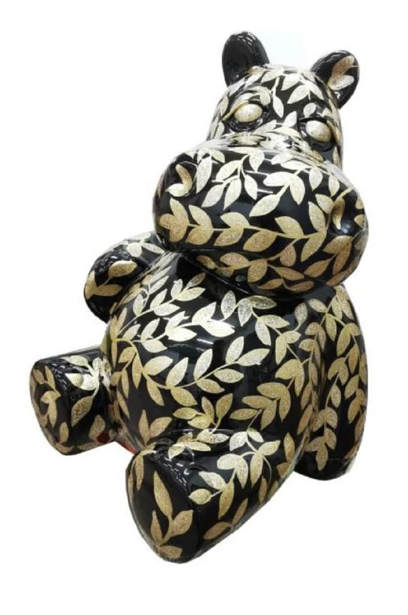 Casa Padrino escultura de diseño hipopótamo sentado con óptica purpurina negro / oro A. 48 cm - Figura decorativa resistente a la intemperie - Decoración salón - Decoración jardín - Decoración terraza