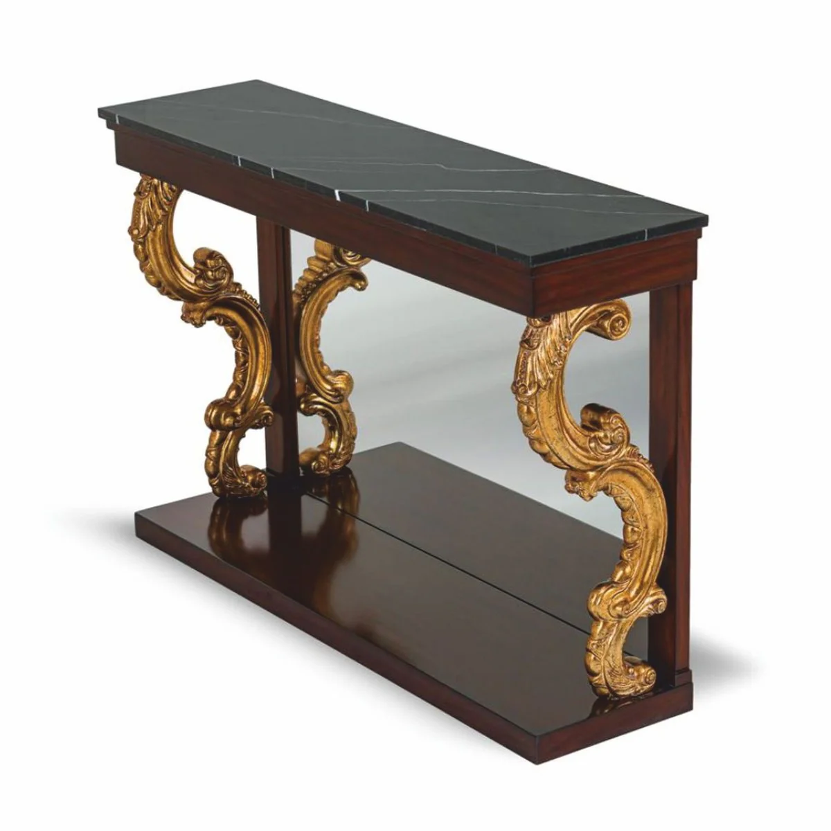 Casa Padrino consola barroco de lujo con espejo y tapa de m¨¢rmol marr¨®n oscuro / oro antiguo / negro 130 cm