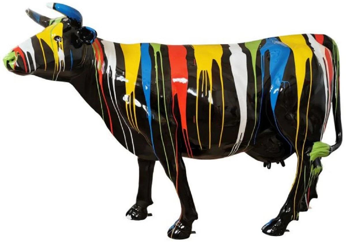 Casa Padrino escultura decorativa de lujo vaca negro / multicolor 210 x 55 x A. 147 cm - Escultura de jardín enorme - Escultura de tamaño natural - Escultura decorativa XXL - Figura decorativa XXL