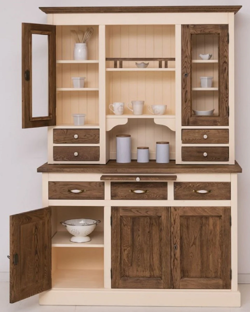 Casa Padrino armario de comedor de estilo campestre crema / marron oscuro 137 x 50 x A. 197 cm - Armario de cocina de madera maciza - Muebles de comedor en estilo campestre