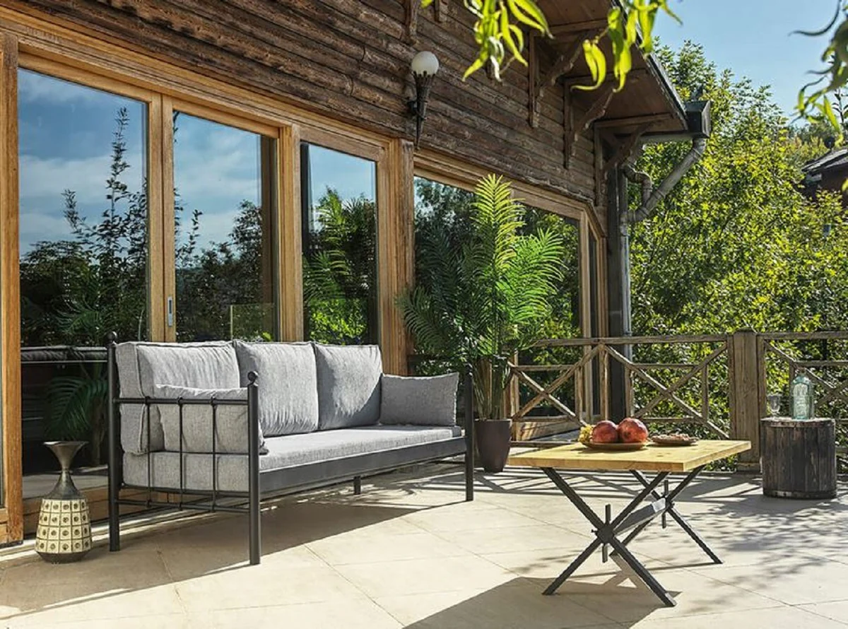 Casa Padrino sofá de jardín Art Nouveau negro / gris claro 200 x 70 x A. 92 cm - Sofá de Jardín - Sofá de Terraza - Muebles de Jardín y Terraza Art Nouveau