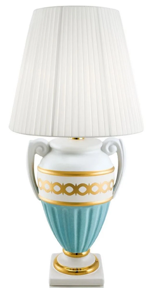 Casa Padrino lámpara de mesa barroco blanco / turquesa / oro Ø 40 x H. 75 cm - Lámpara de Salón de Cerámica de Estilo Barroco