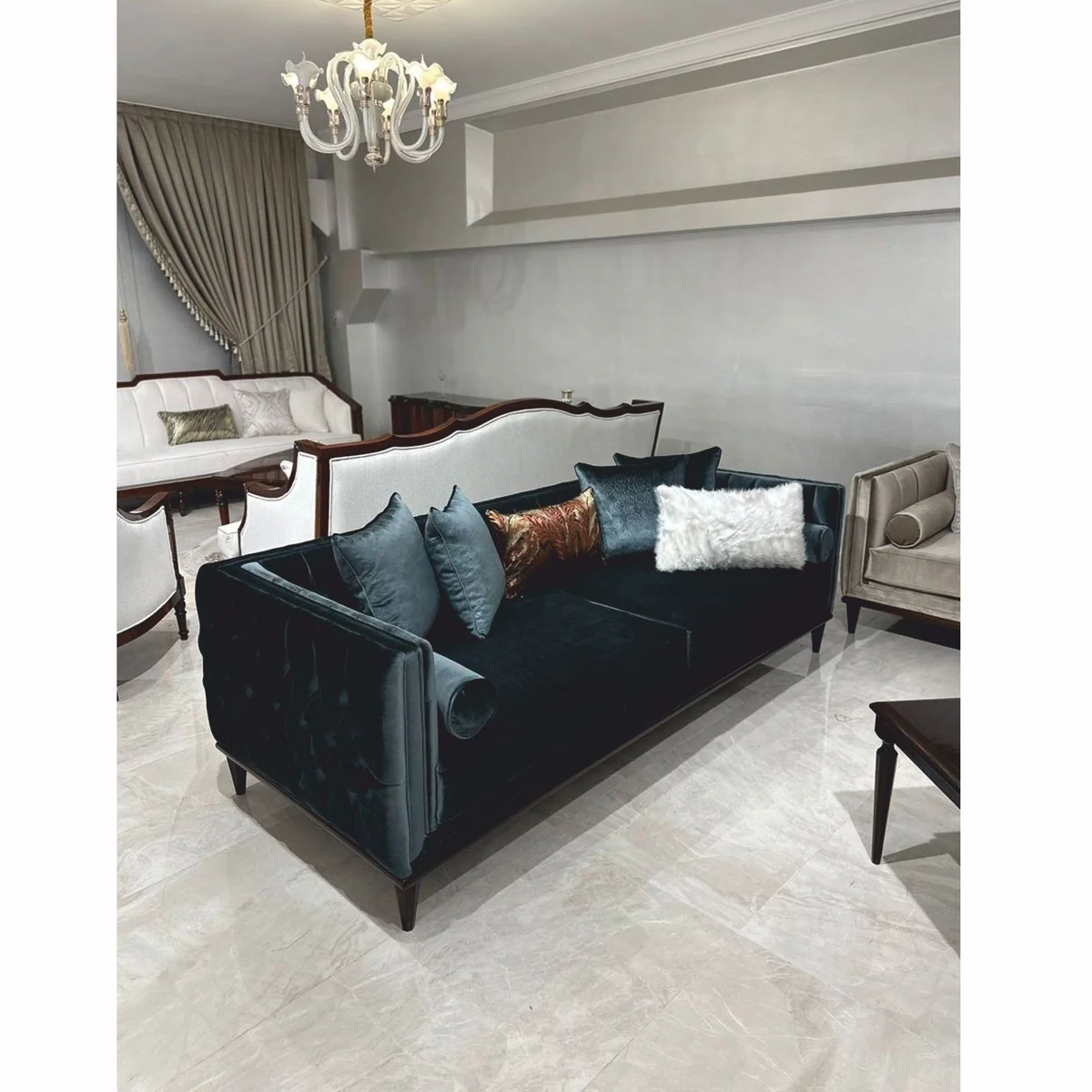 Casa Padrino Sof¨¢ Art Deco de Lujo en Terciopelo Verde Oscuro / Marr¨®n Oscuro 235 cm - Muebles de Sal¨®n