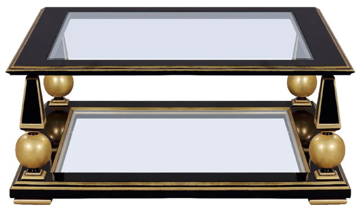 Casa Padrino mesa de centro Art Deco de lujo negro / oro 113 x 113 x A. 47 cm - Magn¨ªfica mesa de sal¨®n de madera maciza con tapas de vidrio - Muebles de Sal¨®n Art Deco