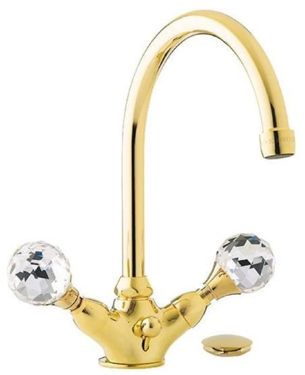 Casa Padrino mezclador de lavabo de lujo con cristal Swarovski oro A. 30 cm - Mezclador monomando con vaciador - Accesorios de baño de lujo - Hecho en Italia