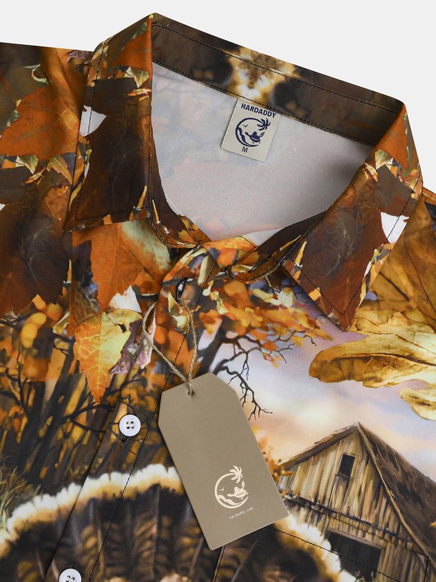 Men's Thanksgiving Turkey Print Casual Short Sleeve Hawaiian Shirt with Breast Pocket