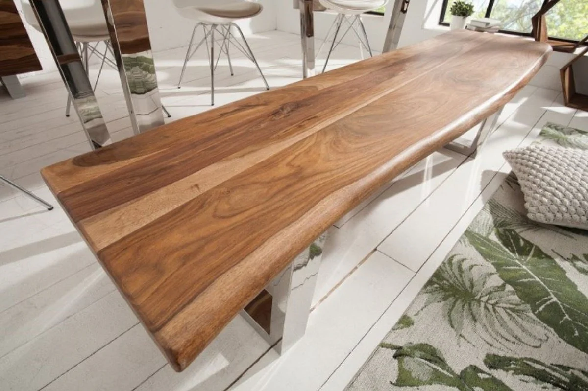 Casa Padrino banco de diseño marrón / plata 180 x 45 x H. 45 cm - Banco de Lujo con Madera Maciza de Sheesham y Patas de Acero Inoxidable Pulidas