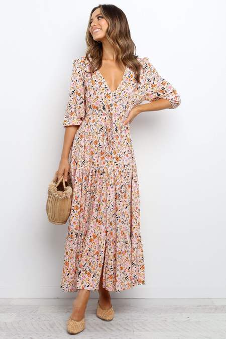 Pleated Floral Print Maxi Dress
