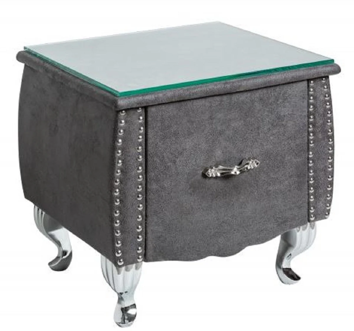 Casa Padrino Mesita de Noche Art Deco con Caj¨®n y Tapa de Vidrio Gris Antiguo / Plata 47 x 41 x H. 45 cm - Muebles de Dormitorio