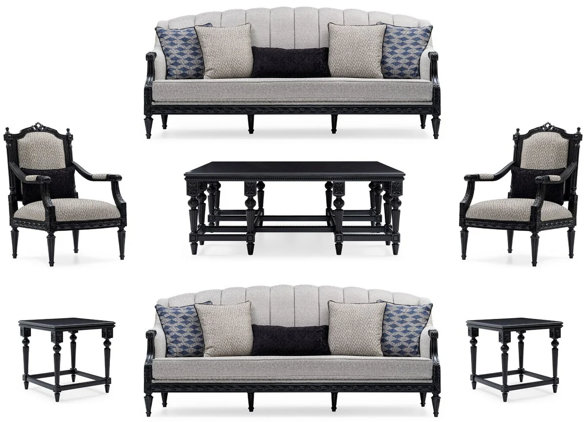 Casa Padrino conjunto de sala de estar barroco de lujo plata / negro - 2 Sof¨¢s y 2 Sillones y 1 Mesa de Centro y 2 Mesas Auxiliares - Muebles de sal¨®n hechos a mano estilo barroco