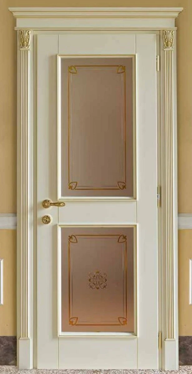 Casa Padrino puerta de apartamento barroco de lujo crema / oro - Magnífica puerta de madera maciza con vidrieras y marco - Muebles barrocos - Calidad de lujo - Hecho en Italia