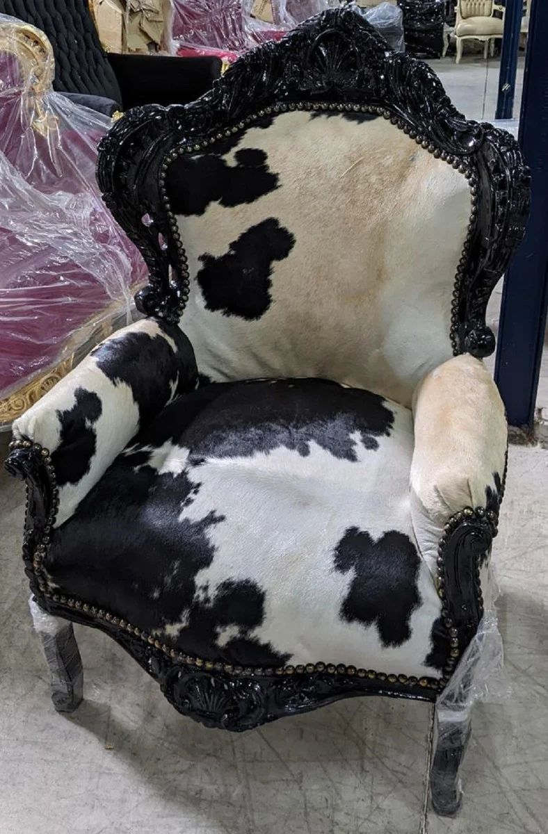 Casa Padrino sill¨®n barroco cuero de vaca / negro - Sill¨®n de sal¨®n de madera maciza hecho a mano - Sill¨®n de sal¨®n de estilo antiguo - Muebles de sal¨®n de estilo barroco - Muebles barrocos