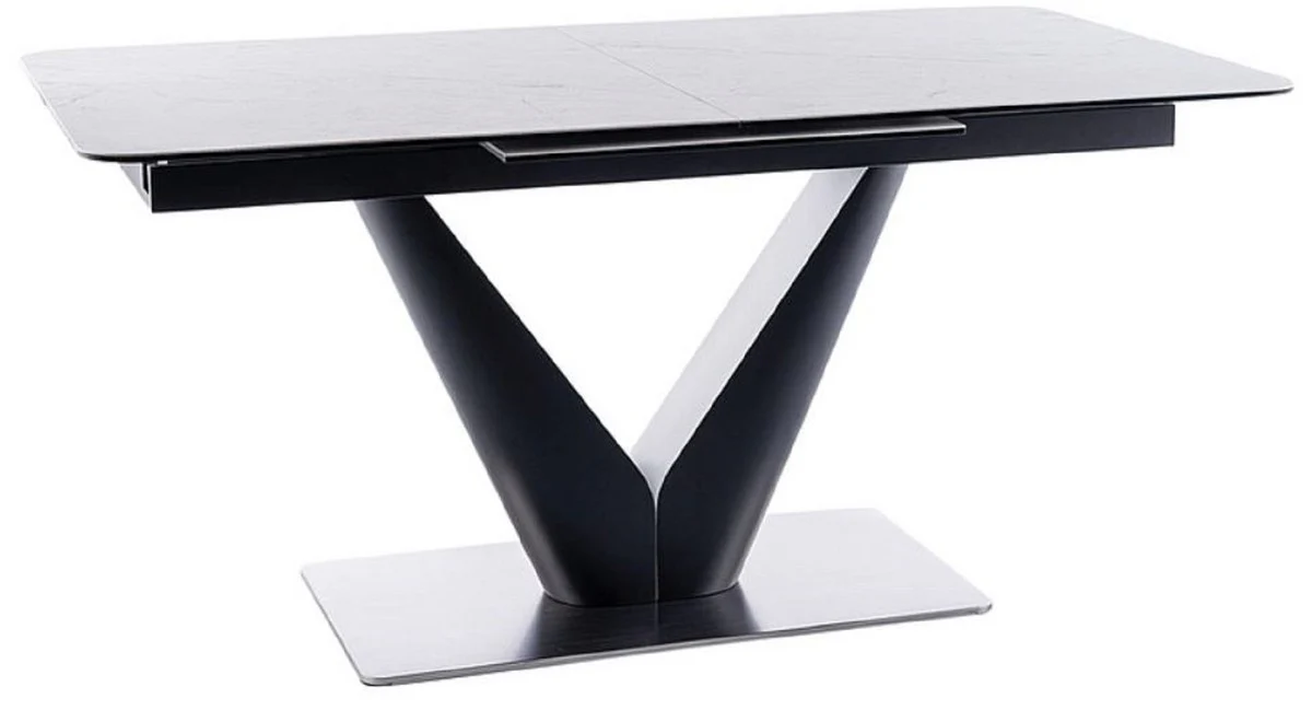 Casa Padrino mesa de comedor de lujo con tablero de cer¨¢mica de vidrio templado en aspecto m¨¢rmol blanco / negro mate / plata 160-220 x 90 x A. 76 cm - Mesa cocina extensible - Muebles de comedor