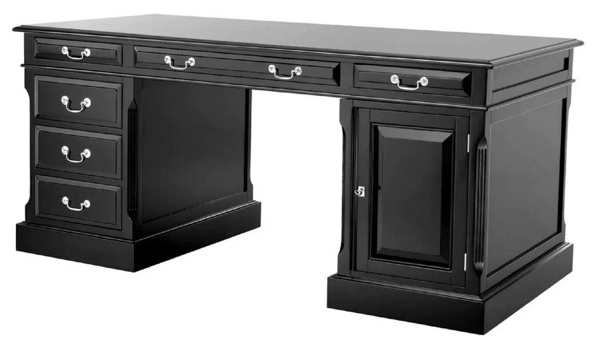 Casa Padrino escritorio de estilo campestre de lujo negro / plata 170 x 80 x A. 78 cm - Mesa de oficina de madera maciza - Muebles oficina estilo campestre - Muebles de oficina de lujo
