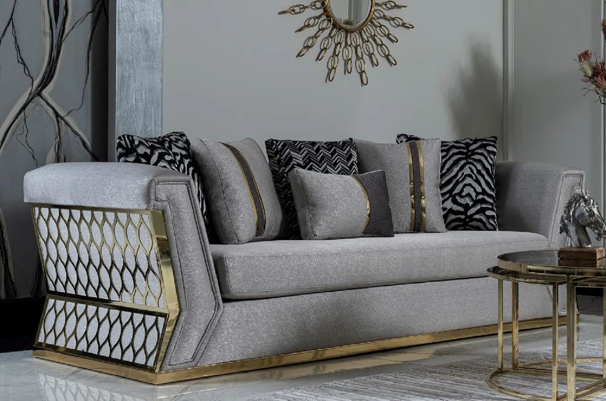 Casa Padrino sof¨¢ de lujo gris / oro - Elegante sof¨¢ de sal¨®n con cojines decorativos - Muebles de sal¨®n de lujo