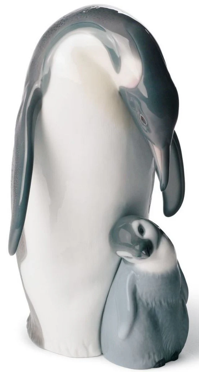Casa Padrino figura de porcelana de lujo pingüino madre con niño gris / blanco / negro 16 x H. 22 cm - Calidad de Lujo