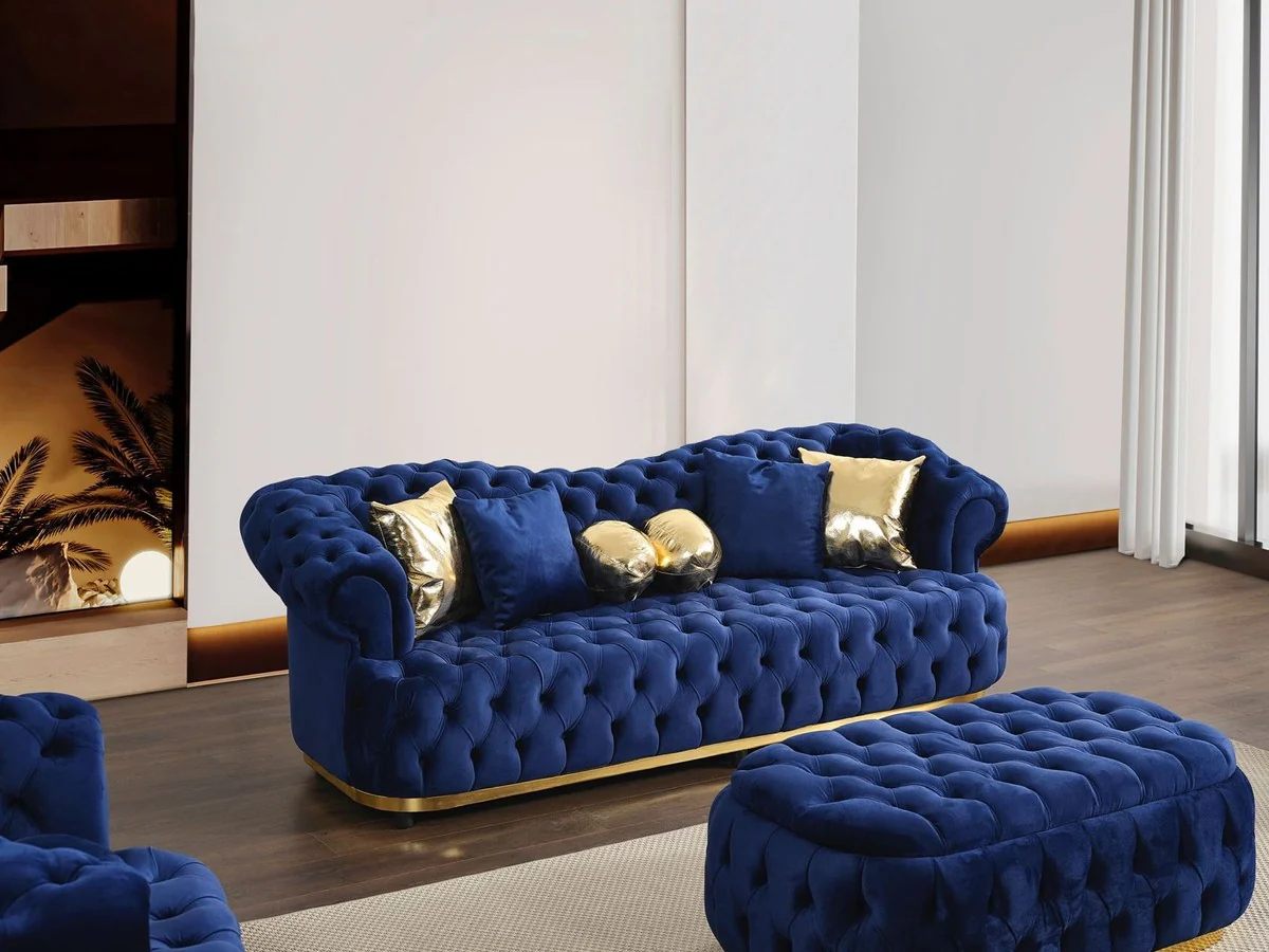 Casa Padrino taburete Chesterfield de lujo de terciopelo azul / oro 110 cm
