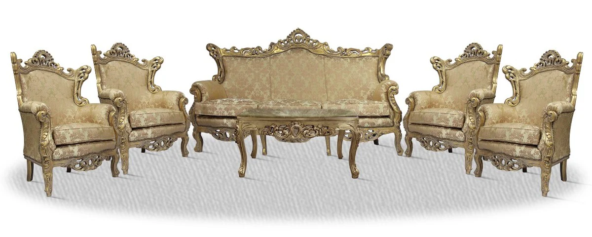 Casa Padrino baroque sofa set 3 seat sofa 4 armchairs and table with glass top - Baroque Living Room